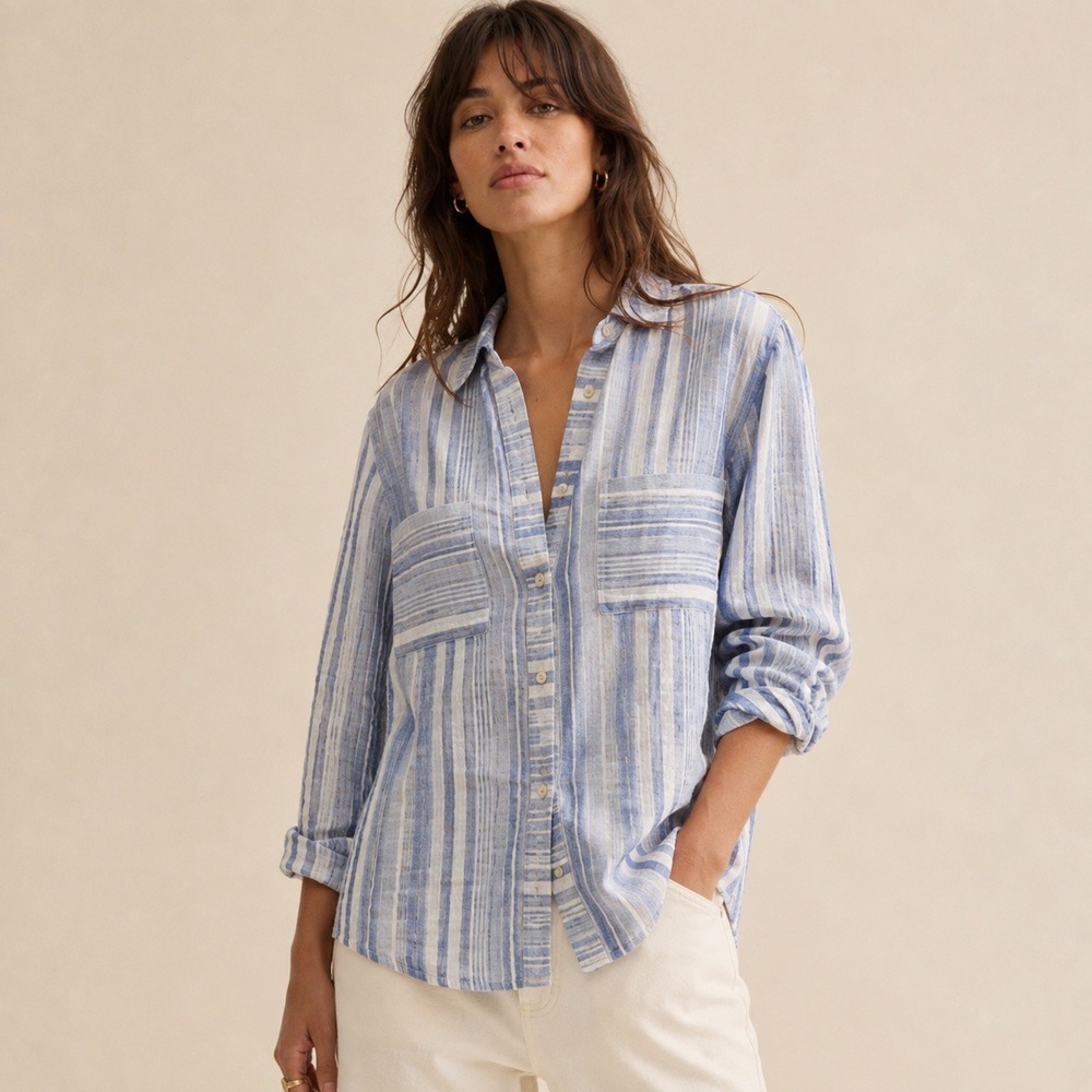 Susan Graver Button Front Shirt Coastal Stripe Sz L